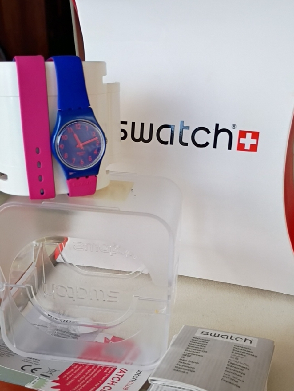 Swatch Blue Case with Pink Strap Silicone Watch